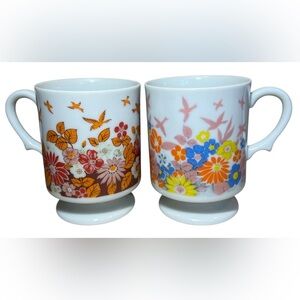 VTG 1960s Boho Coffee Cups Made in Japan -Floral and Bird pattern set of 2
